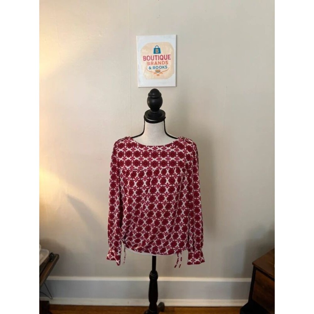 LOFT Petite Small Red Floral Medallion Peasant Blouse Long Sleeve